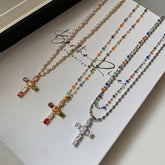 Colorful Zircon Cross Pendant Necklace 22K Gold Plated